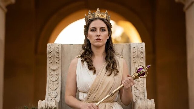 A queen in a white dress and crown sits regally on a throne holding a scepter within an arched structure looking confidently forward