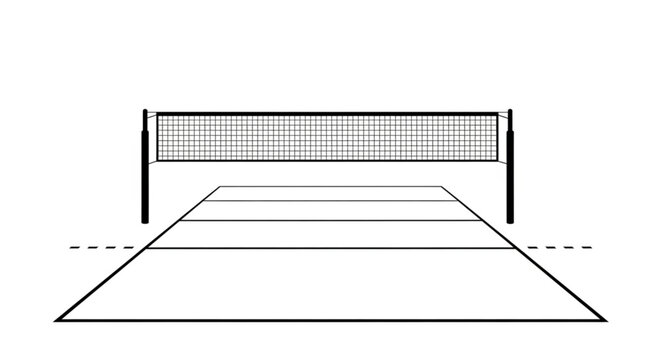 Volleyball court with net, lines, and boundaries, ready for a match.