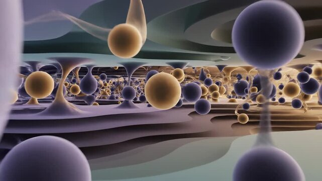 Vibrant microscopic view of purple and gold particles in motion