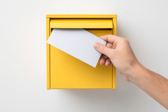 Hand Sending Letter into Yellow Mailbox