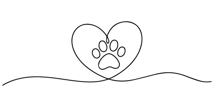 dog paw with love shape continuous one line drawing, Heart with cat or dog paw in continuous one line drawing logo. Minimal line art. Animal foorprint in heart, Dog and cat paw hearts drawn in one
