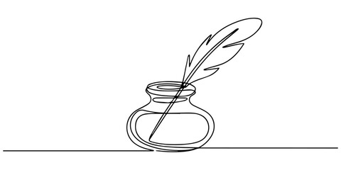 inkwell continuous one line drawing, Inkwell and pen continuous line drawing. One line feather with ink vector illustration, Continuous One line drawing of Traditional Quill and Ink. Traditional feath © DESIGN LINE
