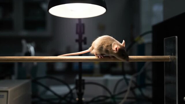 A small brown mouse is illuminated by a bright overhead light on a laboratory bench The mouse appears still amidst scientific equipment suggesting research or testing