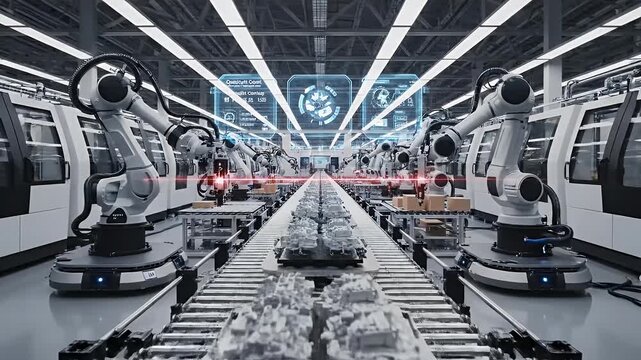 Smart Manufacturing with IoT Connected Devices - In a modern factory setting, a male engineer uses a tablet to monitor and manage the integration of connected devices, optimizing production,