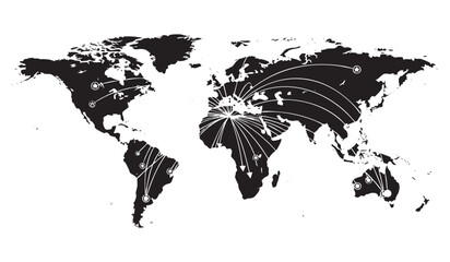 Global network connections displayed on a black and white world map, illustrating worldwide communication and logistic routes