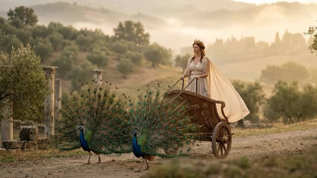 A woman in a chariot rides through an ancient landscape with peacocks strutting nearby Golden light bathes olive trees and crumbling ruins in a serene timeless scene