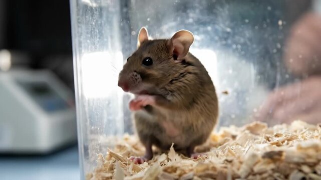 A small mouse curiously explores its shredded bedding inside a clear plastic container Laboratory equipment suggests a scientific research setting The mouse is brown and looks intently forward