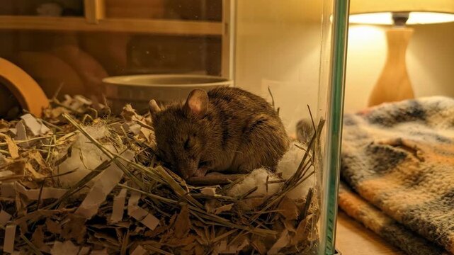 A small rodent sleeps peacefully amidst its bedding inside a glass enclosure with a soft lamp illuminating the warm textured surroundings
