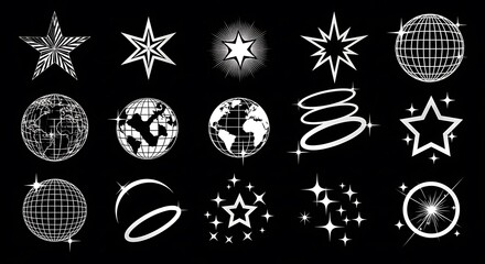 Monochrome icons of stars, globes, and swirling shapes on a black background, with sparkles