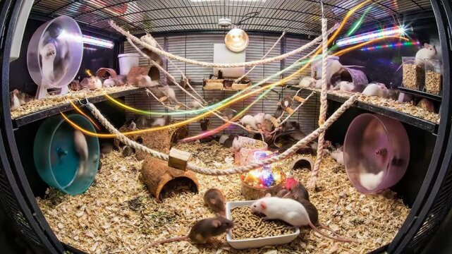 Many small rodents run on wheels and explore their environment in a pet store enclosure multiple animals domestic pets busy furry creatures