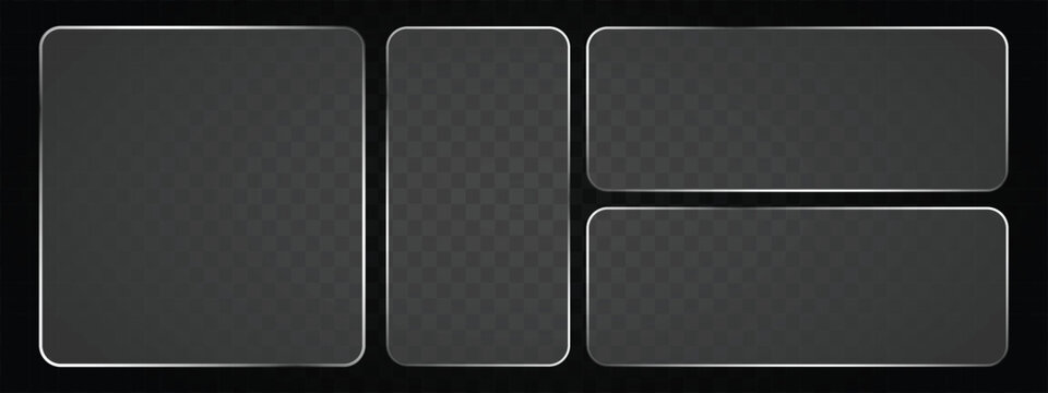 Liquid Glass Vector Frame Collection in Glassmorphism Style &ndash; Neon Luminescent Rectangular and Circular Frosted Glass UI UX Elements, Transparent Digital Button Boxes Isolated on Background