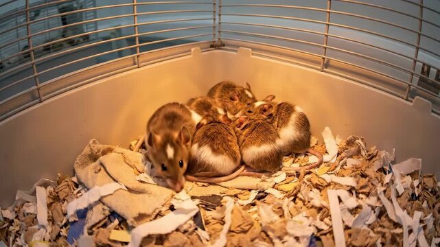 Two adorable syrian hamsters huddle together nestled in their bedding Their warm brown and white fur stands out against the shredded paper waste inside their cage
