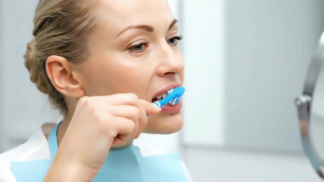 A woman experiences dental pain while brushing her teeth with a blue toothbrush in front of a mirror in a bathroom