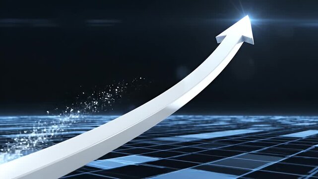 White Arrow Upward Momentum Animation - This video shows a white, curved arrow moving upward over a blue tiled surface.
