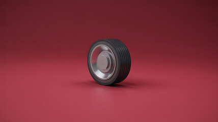 Realistic 3D render of a single car tire and rim with a brushed metal finish, isolated on a clean crimson background.