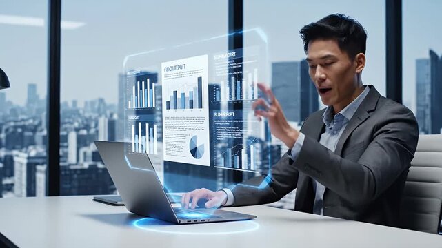 AI-Powered Data Analysis and Report Generation - A businessman in a suit is shown working on a laptop, with holographic data visualizations and reports displayed in front of him.
