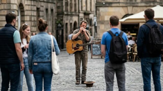 A street musician plays guitar and sings for a small crowd gathered in a cobblestone plaza People watch and listen intently to the talented performer in the open air