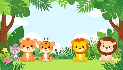 Fototapeta premium Cartoon jungle animals gathered together in a lush green forest surrounded by trees and flowers