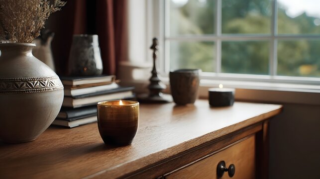 Cozy interior scene with lit candles and decor on a wooden surface near a window