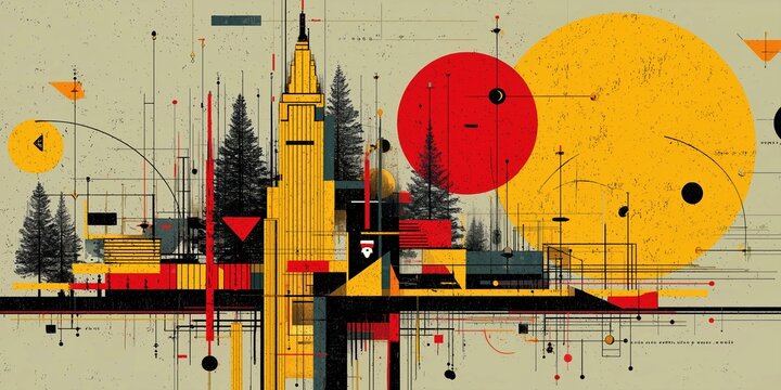 Abstract geometric cityscape illustration with midcentury shapes for architectural marketing.

