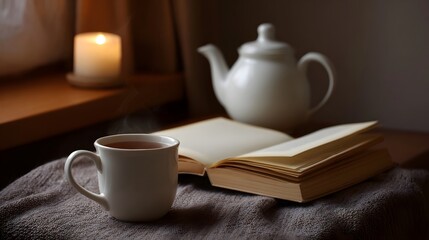 Fototapeta premium A steaming mug of tea and an open book sit near a lit candle and a teapot creating a cozy warm atmosphere in a quiet room