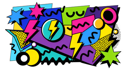 Retro 90s Memphis style icon collection. Includes stars, lightning bolts, shapes. Created in colorful style with multicolor palette.