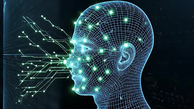 AI Facial Recognition Mesh - A wireframe mesh of a human head represents artificial intelligence scanning for identity verification. Glowing lines trace biometric points on the face.