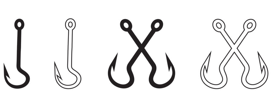 Fishing hooks collection,  fish hook logo icon, fishing hook silhouette vector illustration on a white background
