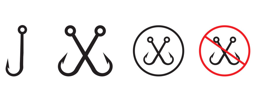 Fishing hooks collection,  fish hook logo icon, fishing hook silhouette vector illustration on a white background