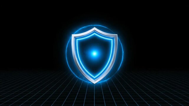 A glowing blue shield icon symbolizes digital security and protection. Futuristic design with expanding blue waves represents advanced defense technology.