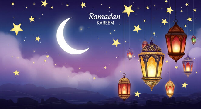 Ramadan Kareem crescent moon and lanterns in night sky.