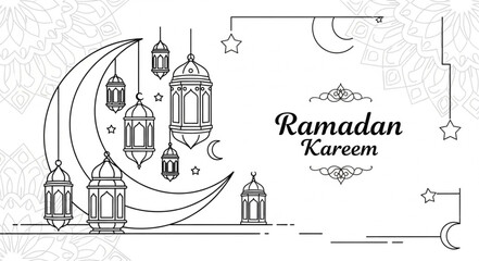 Ramadan Kareem crescent moon and lanterns illustration.