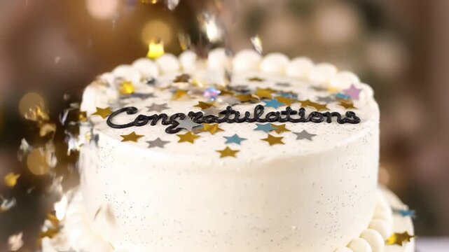 A beautiful white cake celebrates with "Congratulations" in elegant script. Colorful star confetti gently falls, adding festive sparkle to the dessert.