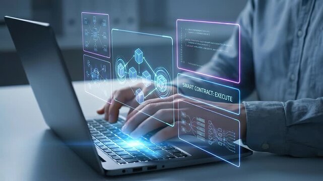 Smart contract execution laptop with hologram blockchain diagrams and code overlay showing developer programming cybersecurity and decentralized transaction flow with hands typing and network