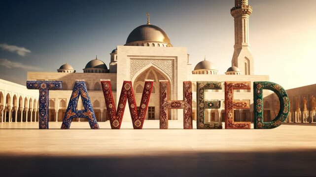 Beautiful mosque stands majestically under a bright sky. Prayer rugs form "TAWHEED" in a spiritual display.