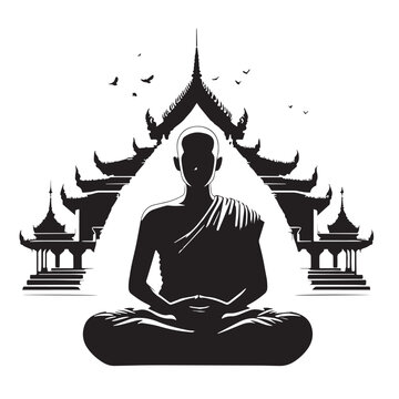 Black Monk meditation temple Silhouette Vector, High Quality Illustration on White Background