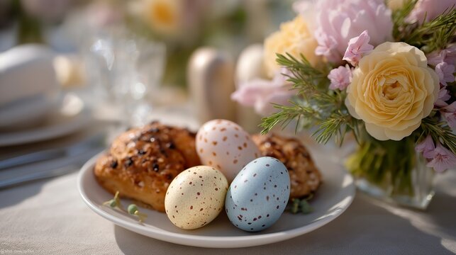Delightful Easter 2026 brunch table spread featuring beautifully decorated eggs, fresh pastries, and colorful spring blooms, inviting families to gather and celebrate together. Soft natural light