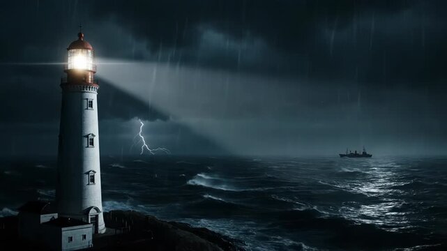 A powerful lighthouse beam cuts through a dark, stormy ocean night. Lightning strikes illuminate a distant ship amidst heavy rain and crashing waves.
