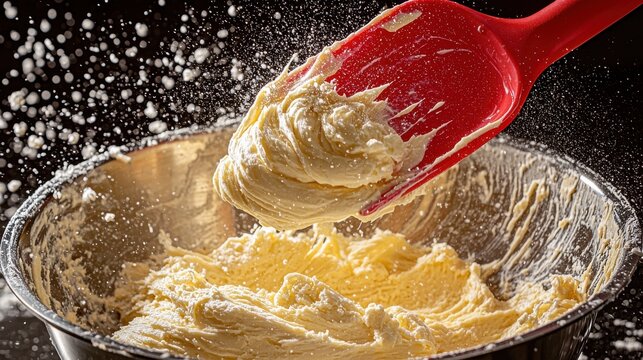 Silicone spatula fold vibrant cooking motion with batter ribbons stainless steel bowl professional culinary action photography black background