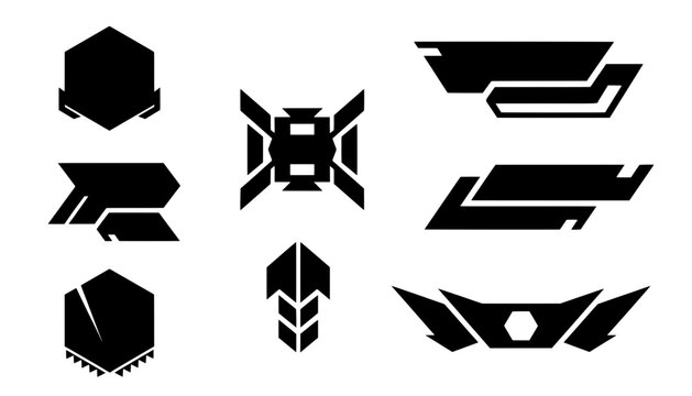 Collection of black futuristic esport stream banners, tech HUD badges, lower thirds, and geometric UI shields for gaming overlays and livestreaming