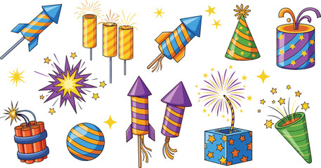 Colorful Fireworks and Party Crackers Vector Set with Rockets, Sparklers and Celebration Elements Isolated Festive Collection © Mostafijur