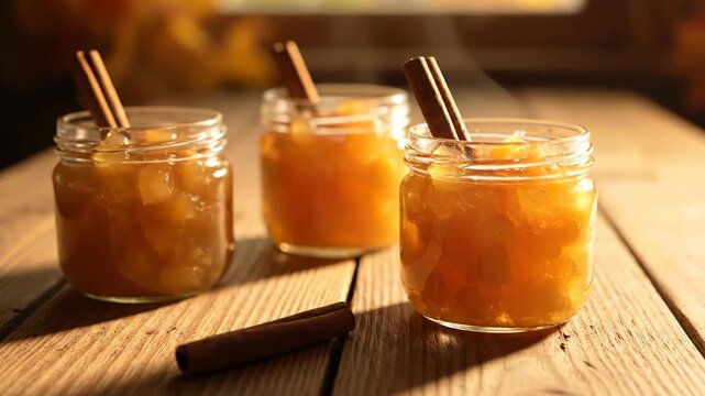 Three jars of warm apple compote with cinnamon sticks. Homemade fruit dessert on a rustic wooden table.