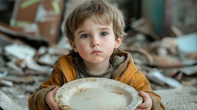 Small boy with a dirty face and clothes holding an empty plate, looking at the camera with sad eyes
