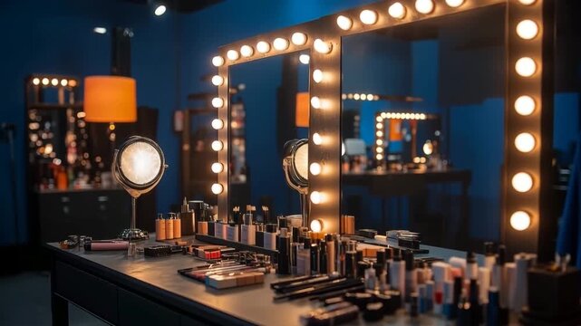 Professional makeup artist station with illuminated mirrors in an empty dressing room