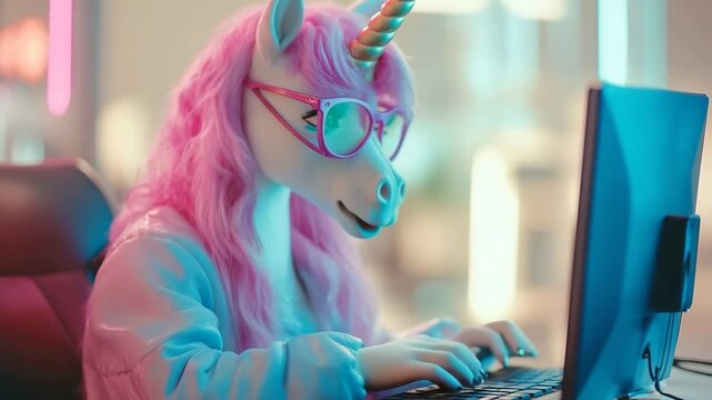 Fantastical unicorn character with pink hair and glasses working on a desktop computer in an office