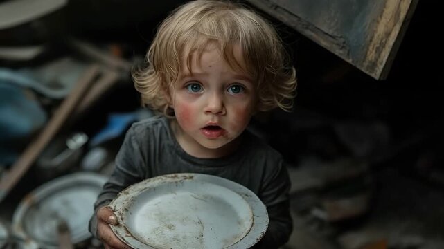 Portrait of a poor homeless toddler with dirty face begging for food amid ruins