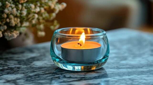 Close-up of a single burning candle in a glass holder on a marble table with flowers in the background