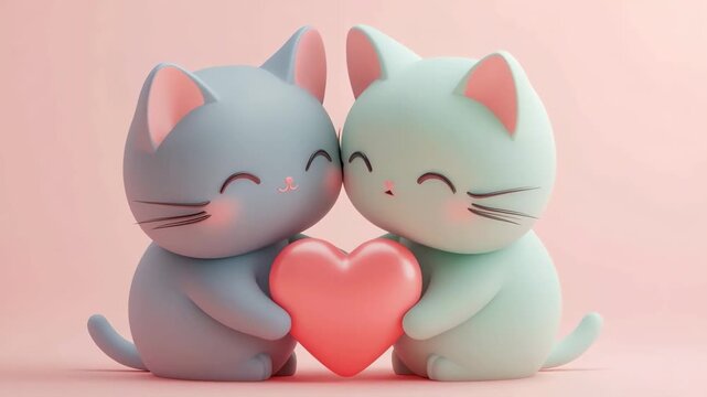 Two cute, animated kittens in love holding a heart symbol on a pastel pink background