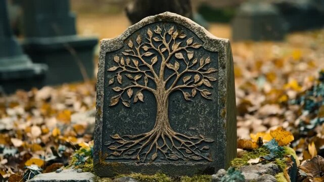 Ancient tombstone with a tree of life carving surrounded by fallen autumn leaves in a cemetery