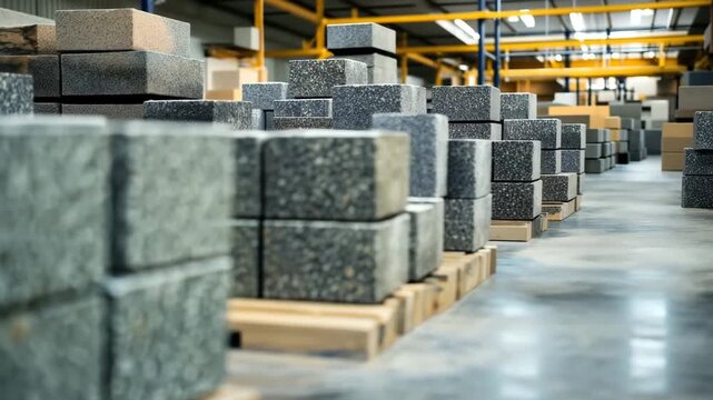 Pallets with stacks of new granite paving stones ready for shipment in a large warehouse